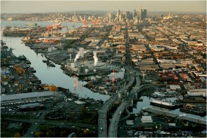 Northernmost portion of the highly industrialized Duwamish River, with downtown Seattle and Elliott Bay in the background. Photo: Paul Joseph Brown