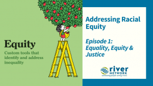 Image of child on a ladder picking apples off a tree, with the words "Addressing Racial Equity, Episode 1: Equality, Equity and Justice